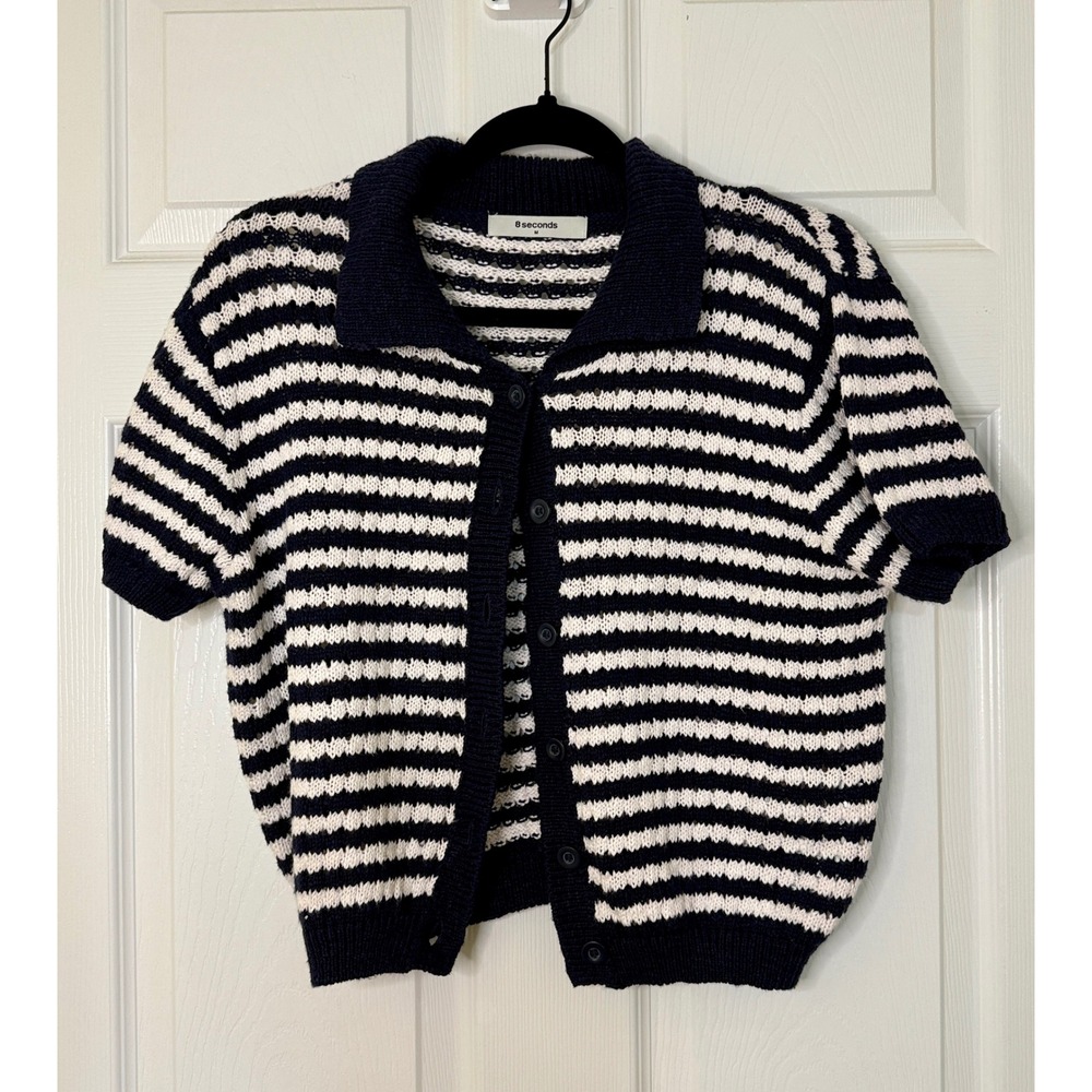 8 seconds Striped Knit Cardigan Women M Navy White Nautical Polo Short Sleeve